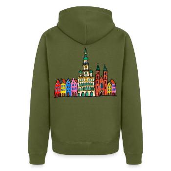 Posen Skyline im bunten Wachsmalstil - Unisex Premium Bio Zip Hoodie - Khaki - Hinten - Nico (187cm)