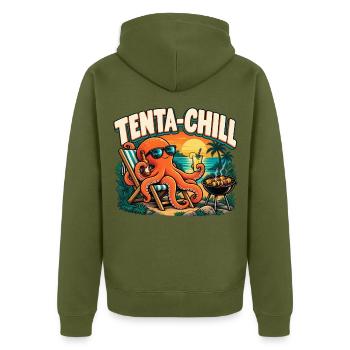 Tenta-Chill – Entspannter Oktopus am Grill - Unisex Premium Bio Zip Hoodie - Khaki - Hinten - Nico (187cm)