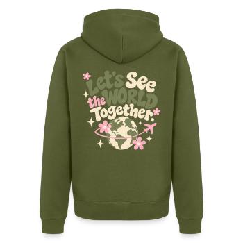 Let’s See The World Together - Unisex Premium Bio Zip Hoodie - Khaki - Hinten - Nico (187cm)