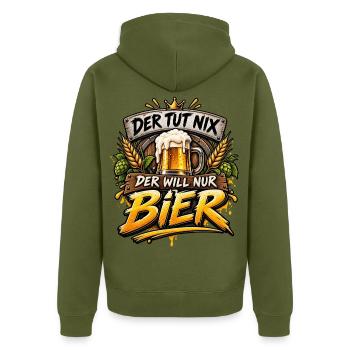 Der tut nix, der will nur Bier – Lustiger Spruch - Unisex Premium Bio Zip Hoodie - Khaki - Hinten - Nico (187cm)