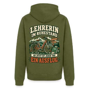 Lehrerin im Ruhestand – Jeder Tag ein Ausflug - Unisex Premium Bio Zip Hoodie - Khaki - Hinten - Nico (187cm)