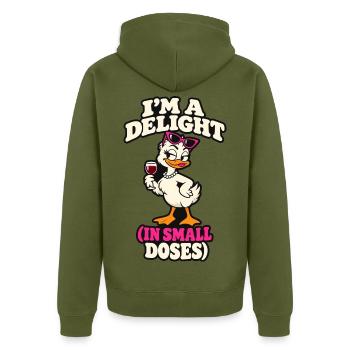Ich bin ein Vergnügen in kleinen Dosen frechen Entenwein - Unisex Premium Bio Zip Hoodie - Khaki - Hinten - Nico (187cm)