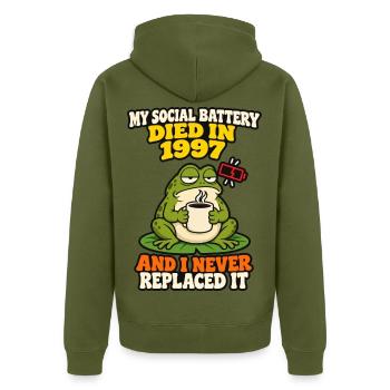 Soziale Batterie starb 1997 Lustiger introvertierter Frosch - Unisex Premium Bio Zip Hoodie - Khaki - Hinten - Nico (187cm)