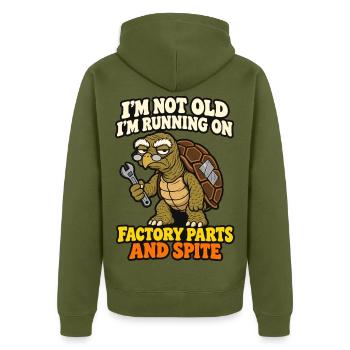 Nicht alt, läuft auf Originalteilen und Spite Turtle - Unisex Premium Bio Zip Hoodie - Khaki - Hinten - Nico (187cm)