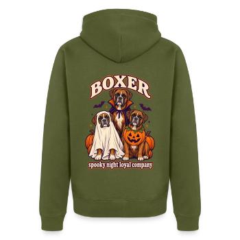 Spooky Night Loyal Company – Boxer-Halloween-Hund - Unisex Premium Bio Zip Hoodie - Khaki - Hinten - Nico (187cm)