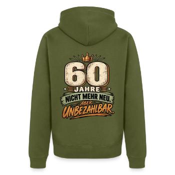 60 Jahre – Nicht mehr neu aber unbezahlbar - Unisex Premium Bio Zip Hoodie - Khaki - Hinten - Nico (187cm)