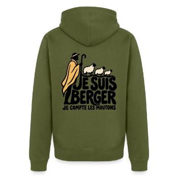 Ich bin ein Hirte – Humor - Unisex Premium Bio Zip Hoodie - Khaki - Hinten - Nico (187cm)