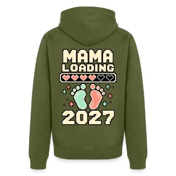 Mama Loading 2027 – Pixelherzen und Babyfüße - Unisex Premium Bio Zip Hoodie - Khaki - Hinten - Nico (187cm)
