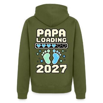 Papa Loading 2027 – Pixelherzen und Babyfüße - Unisex Premium Bio Zip Hoodie - Khaki - Hinten - Nico (187cm)