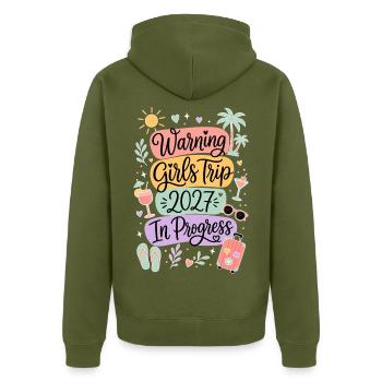 Warning Girls Trip 2027 In Progress - Unisex Premium Bio Zip Hoodie - Khaki - Hinten - Nico (187cm)