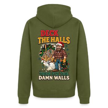 Dekoriere die Flure und repariere dann die Wände - Unisex Premium Bio Zip Hoodie - Khaki - Hinten - Nico (187cm)