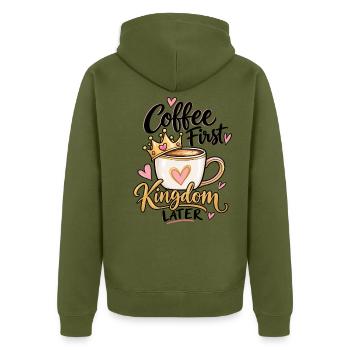 Coffee First Kingdom Later – Princess Kaffee - Unisex Premium Bio Zip Hoodie - Khaki - Hinten - Nico (187cm)
