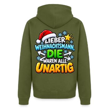 Lieber Weihnachtsmann - Unisex Premium Bio Zip Hoodie - Khaki - Hinten - Nico (187cm)