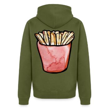 Aquarellpommes frites in Pink Cup - Unisex Premium Bio Zip Hoodie - Khaki - Hinten - Nico (187cm)