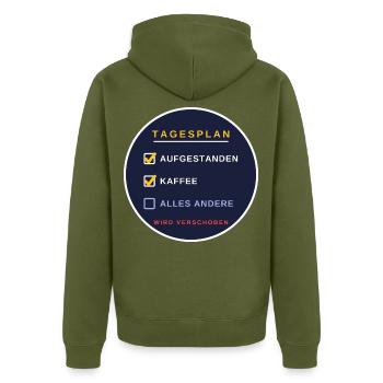 Ein Tagesplan der anderen Art - Unisex Premium Bio Zip Hoodie - Khaki - Hinten - Nico (187cm)