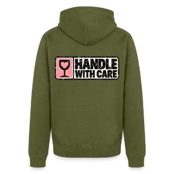Handle With Care – Herz Retro Design - Unisex Premium Bio Zip Hoodie - Khaki - Hinten - Nico (187cm)