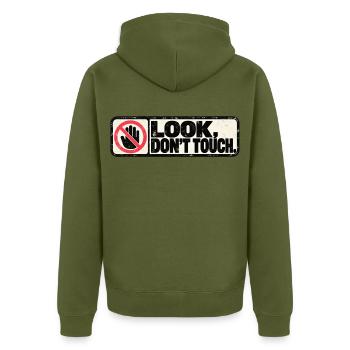 Look, Don't Touch – Retro Warning Design - Unisex Premium Bio Zip Hoodie - Khaki - Hinten - Nico (187cm)