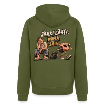 Reason Left – Ich bin geblieben | Witzig und humorvoll - Unisex Premium Bio Zip Hoodie - Khaki - Hinten - Nico (187cm)