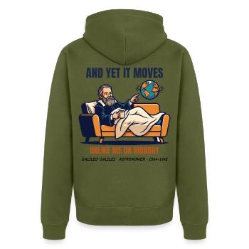 Galilei – And Yet It Moves - Unisex Premium Bio Zip Hoodie - Khaki - Hinten - Nico (187cm)
