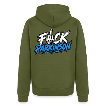 Fuck Parkinson Provokante Botschaft - Unisex Premium Bio Zip Hoodie - Khaki - Hinten - Nico (187cm)