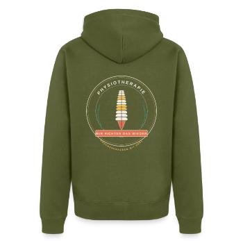 Physiotherapie - Knochenknacker mit Herz - Unisex Premium Bio Zip Hoodie - Khaki - Hinten - Nico (187cm)