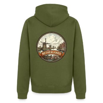 Niederländisches Reiseabzeichen Windmühlen-Kanal-Souvenir - Unisex Premium Bio Zip Hoodie - Khaki - Hinten - Nico (187cm)