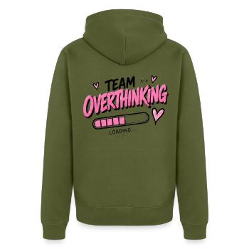 Team Overthinking Loading - Unisex Premium Bio Zip Hoodie - Khaki - Hinten - Nico (187cm)