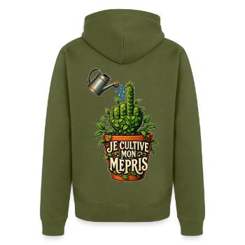 Ich pflege meine Verachtung – Mittelfinger - Unisex Premium Bio Zip Hoodie - Khaki - Hinten - Nico (187cm)