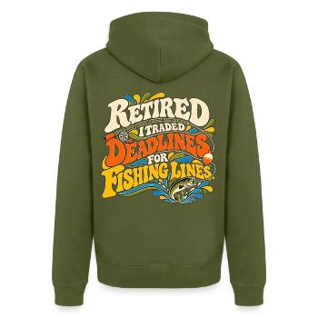 Im Ruhestand habe ich Deadlines gegen Angelleinen eingetauscht - Unisex Premium Bio Zip Hoodie - Khaki - Hinten - Nico (187cm)