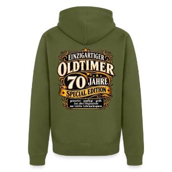 Einzigartiger Oldtimer 70 Jahre 70 Geburtstag - Unisex Premium Bio Zip Hoodie - Khaki - Hinten - Nico (187cm)