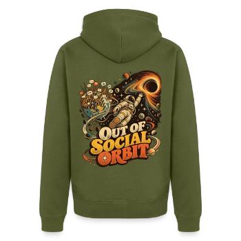Out of Social Orbit Space Cartoon - Unisex Premium Bio Zip Hoodie - Khaki - Hinten - Nico (187cm)