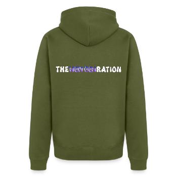 Y2K Schriftzug Grafik The New Generation Cyberpunk - Unisex Premium Bio Zip Hoodie - Khaki - Hinten - Nico (187cm)