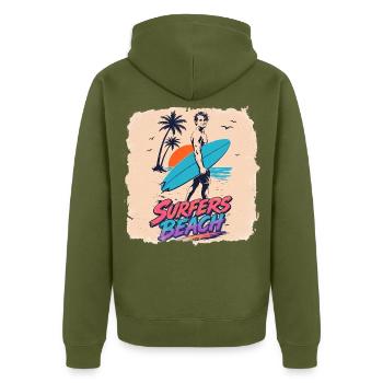 Surfers Beach  Retro 80s Surf & Neon Vintage Desin - Unisex Premium Bio Zip Hoodie - Khaki - Hinten - Nico (187cm)