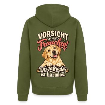 Labrador Design - Vorsicht vor dem Frauchen - Unisex Premium Bio Zip Hoodie - Khaki - Hinten - Nico (187cm)