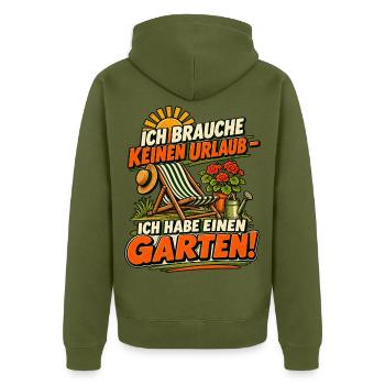 Gartenurlaub – Ich habe einen Garten - Unisex Premium Bio Zip Hoodie - Khaki - Hinten - Nico (187cm)