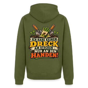 Garten-Spruch: Dreck an den Händen - Unisex Premium Bio Zip Hoodie - Khaki - Hinten - Nico (187cm)