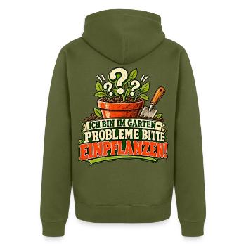 Gartenhumor: Probleme einpflanzen - Unisex Premium Bio Zip Hoodie - Khaki - Hinten - Nico (187cm)