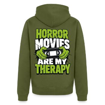 Horrorfilme – Horror Movies Are My Therapy - Unisex Premium Bio Zip Hoodie - Khaki - Hinten - Nico (187cm)