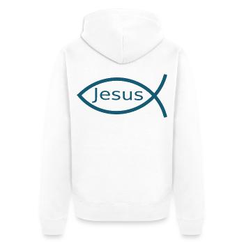 Blauer Jesusfisch Ichthys Jesus Fisch Geschenk  - Unisex Premium Bio Zip Hoodie - Weiß - Hinten - Thijin (182cm)