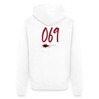 Postleitzahl Frankfurt 069 - Unisex Premium Bio Zip Hoodie - Weiß - Hinten - Thijin (182cm)