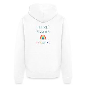 LIBERTÉ EGALITÉ FCKAFDÉ - Regenbogen Design FCKAFD - Unisex Premium Bio Zip Hoodie - Weiß - Hinten - Thijin (182cm)