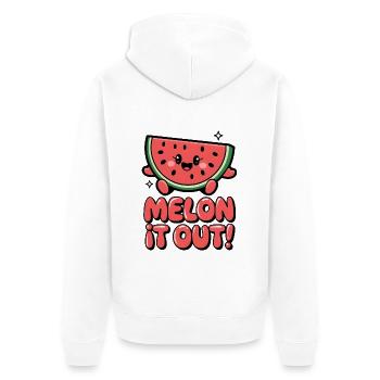 Melone es aus! - Unisex Premium Bio Zip Hoodie - Weiß - Hinten - Thijin (182cm)