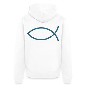 Blauer Jesusfisch Ichthys Jesus Fisch  - Unisex Premium Bio Zip Hoodie - Weiß - Hinten - Thijin (182cm)