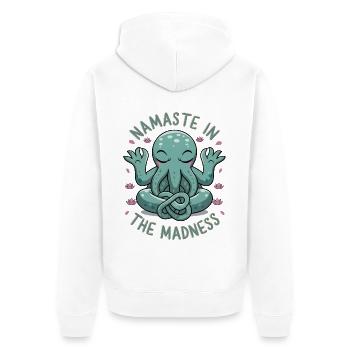 Namaste In The Madness - Unisex Premium Organic Zip Hoodie - white - Back - Thijin (182cm)