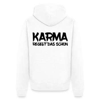 Karma regelt das schon - Unisex Premium Bio Zip Hoodie - Weiß - Hinten - Thijin (182cm)
