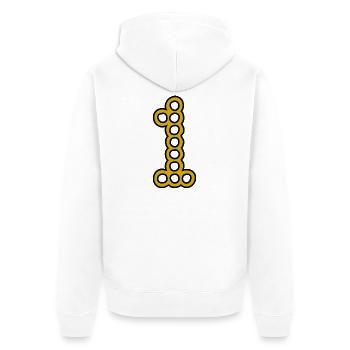 1. 1 Jahr. 1. JUBILÄUM. 1-JÄHRIGES JUBILÄUM - Unisex Premium Bio Zip Hoodie - Weiß - Hinten - Thijin (182cm)