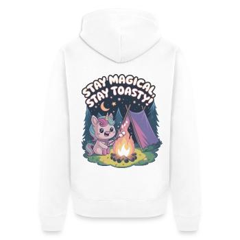 Bleiben Sie magisch, bleiben Sie warm! - Unisex Premium Bio Zip Hoodie - Weiß - Hinten - Thijin (182cm)