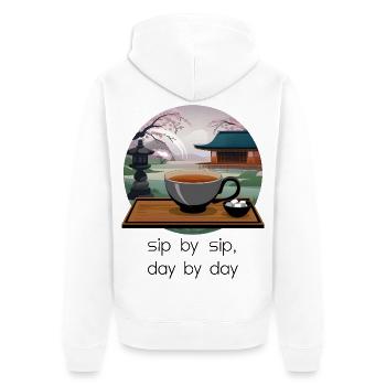 Schluck für Schluck, Tag für Tag - Unisex Premium Bio Zip Hoodie - Weiß - Hinten - Thijin (182cm)