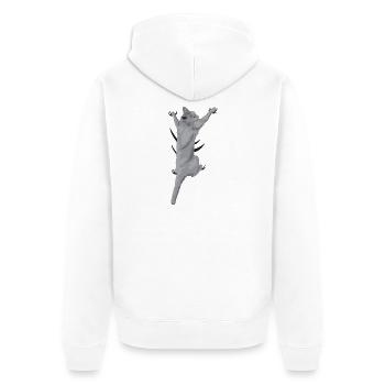 Kletternde Katze - Graue Katze hängt am Shirt - Unisex Premium Bio Zip Hoodie - Weiß - Hinten - Thijin (182cm)