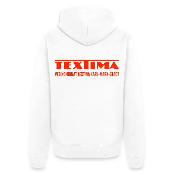 VEB Kombinat Textima Karl-Marx-Stadt DDR - Unisex Premium Bio Zip Hoodie - Weiß - Hinten - Thijin (182cm)